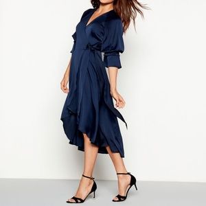 YAS Navy Satin V-neck High Low Wrap Dress